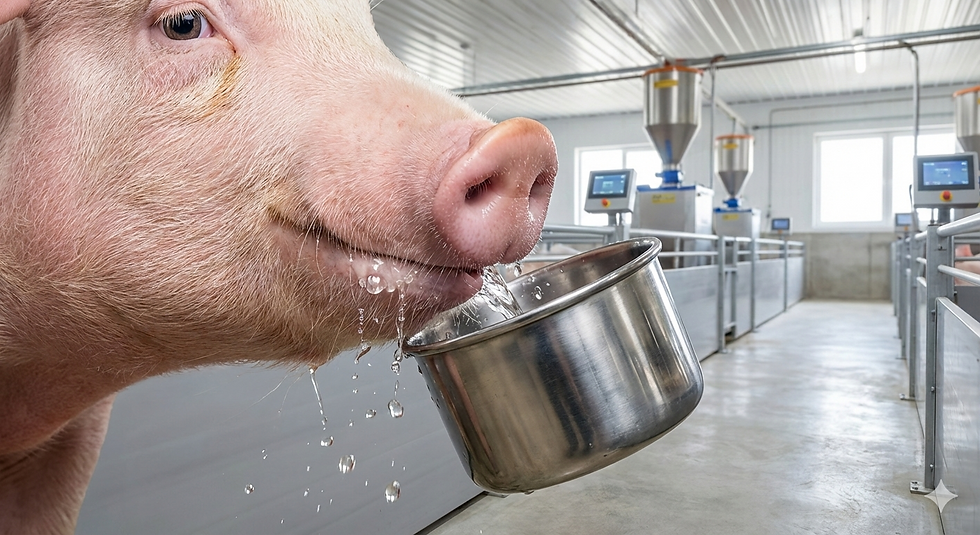 Suíno em fase de crescimento consumindo água limpa em bebedouro tipo taça de aço inox, evidenciando o manejo de hidratação e biosseguridade na granja.