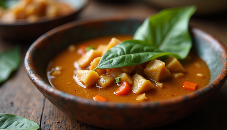 Close-up de prato de tacacá com tucupi e jambu