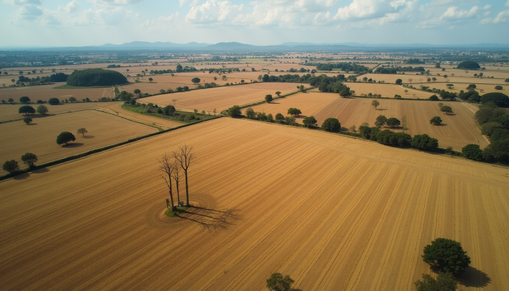 Vista aérea de área rural com plantações afetadas pela seca em São Paulo