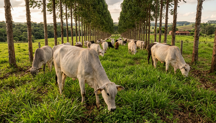 Vista em nível do solo de bovinos pastejando entre renques de árvores em sistema integrado