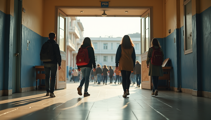 Vista frontal de uma escola pública com estudantes entrando para realizar o Enem