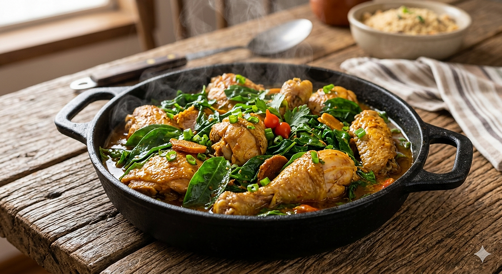 Uma fotografia em close-up de um tradicional frango com ora-pro-nóbis servido em uma panela de ferro fumegante, com as folhas verdes vibrantes contrastando com o dourado do frango e um fundo rústico de mesa de madeira de demolição.