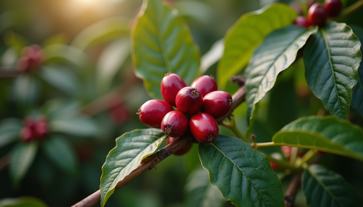 Vista aérea de plantação de café com frutos maduros prontos para colheita