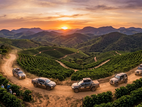 Uma fotografia panorâmica de um comboio de veículos 4x4 atravessando uma estrada de terra ladeada por cafezais e montanhas onduladas típicas da Zona da Mata mineira, com o pôr do sol ao fundo.