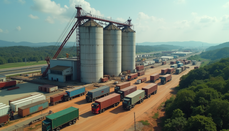 Vista aérea de grandes silos de armazenamento de soja em porto brasileiro