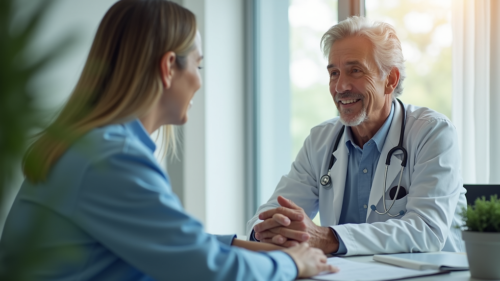 Eye-level view of a consulting room with a doctor and a patient discussing health