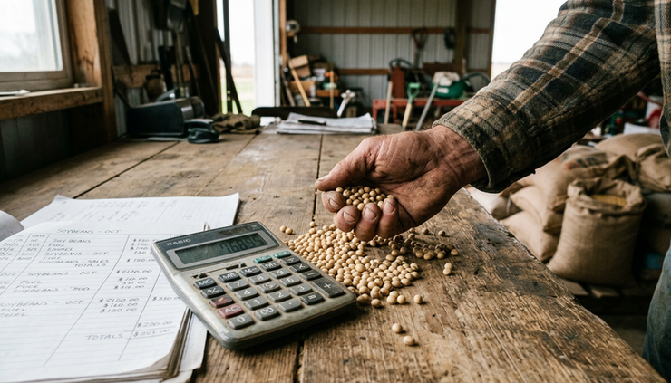 Close-up view of a hand checking grain quality beside paper financial notes on a wooden table