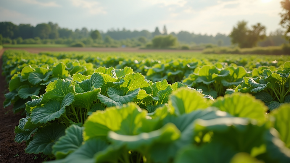 Wide angle view of a sustainable farming area with diverse crops