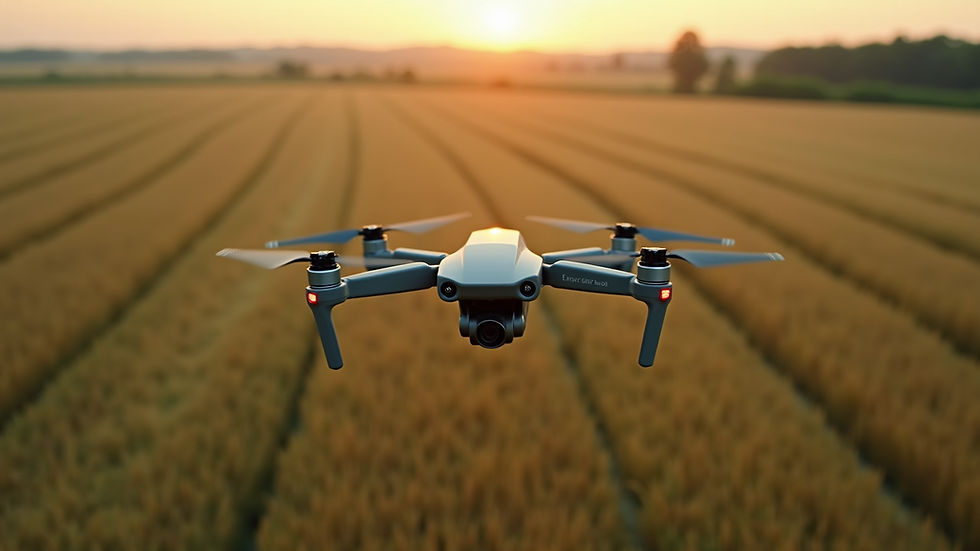 High angle view of an agricultural drone flying over fields