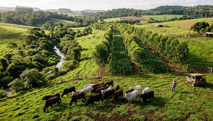 Wide-angle view of a tropical farm with integrated crops, pasture, trees, and restored riparian vegetation