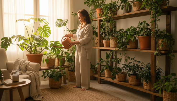 Vista em plano aberto de uma mulher cuidando de plantas em casa