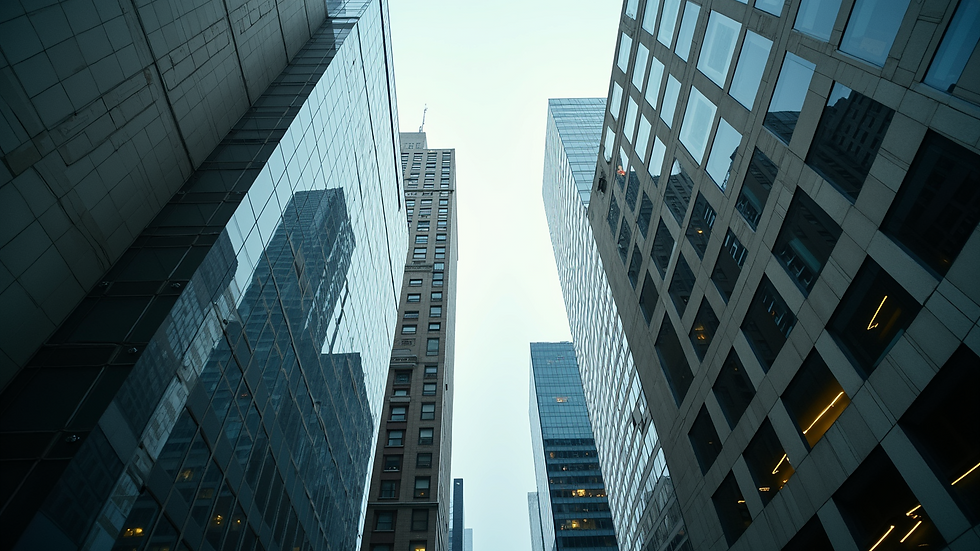 High angle view of a cityscape with financial institutions