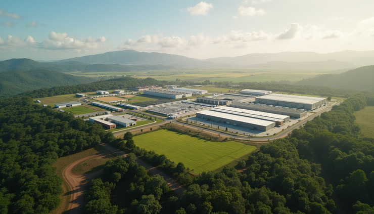 Vista aérea da unidade da Master Agroindustrial em Santa Catarina com instalações modernas e áreas de produção