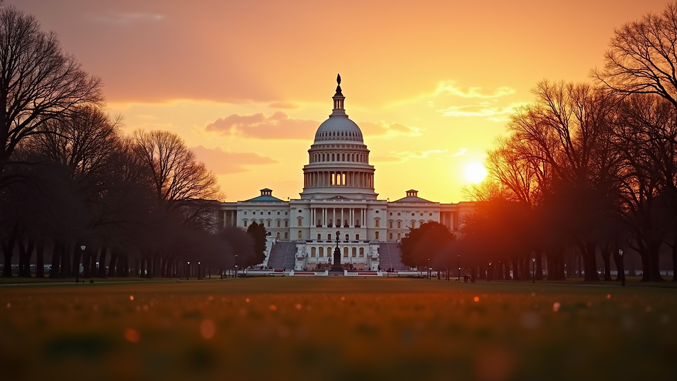 Eye-level view of the United States Capitol building during the sunset