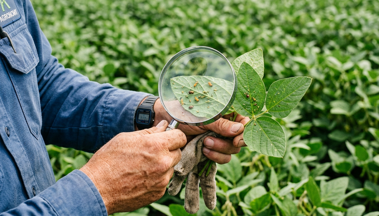 Close-up de um agrônomo examinando folhas de soja com uma lupa em campo.