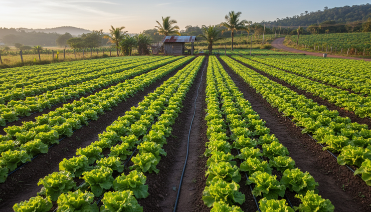 Vista em ângulo amplo de canteiros de alface em uma horta rural brasileira.