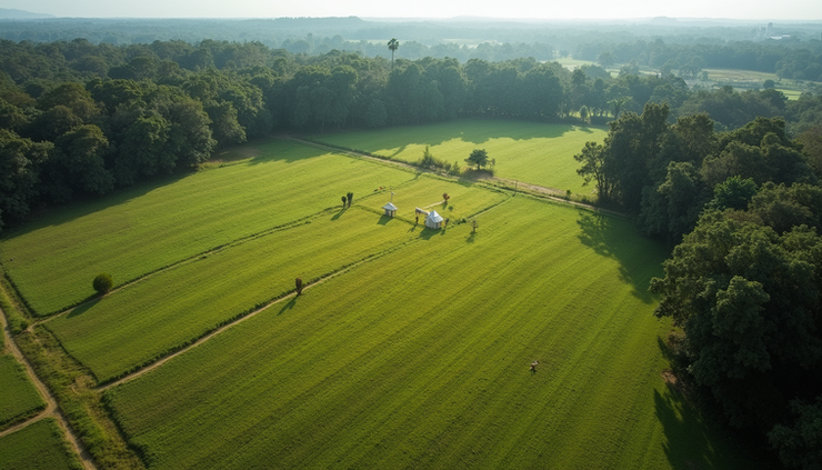 Vista aérea de área rural com integração lavoura-pecuária-floresta em fazenda no Centro-Oeste do Brasil