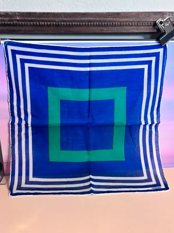 Foulard carré KREIER vintage bleu vert blanc géométrique 32 cm