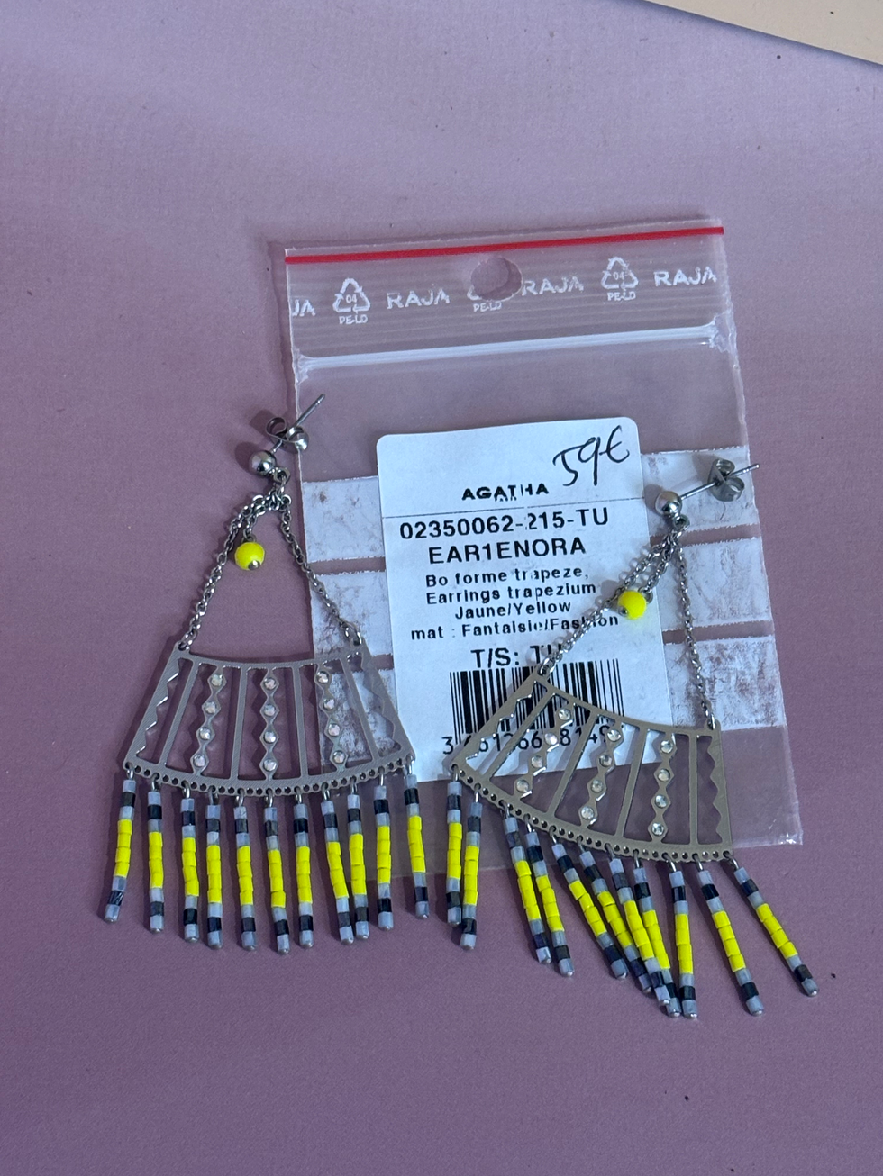 Boucles d’oreilles Agatha Nora créoles pendantes jaune gris – 8 cm