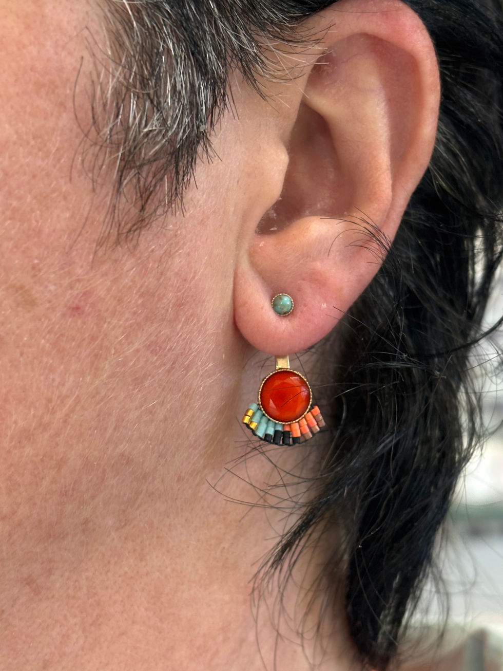 Satellite boucles d’oreilles dorées orange turquoise ethniques plaqué or 14 carats