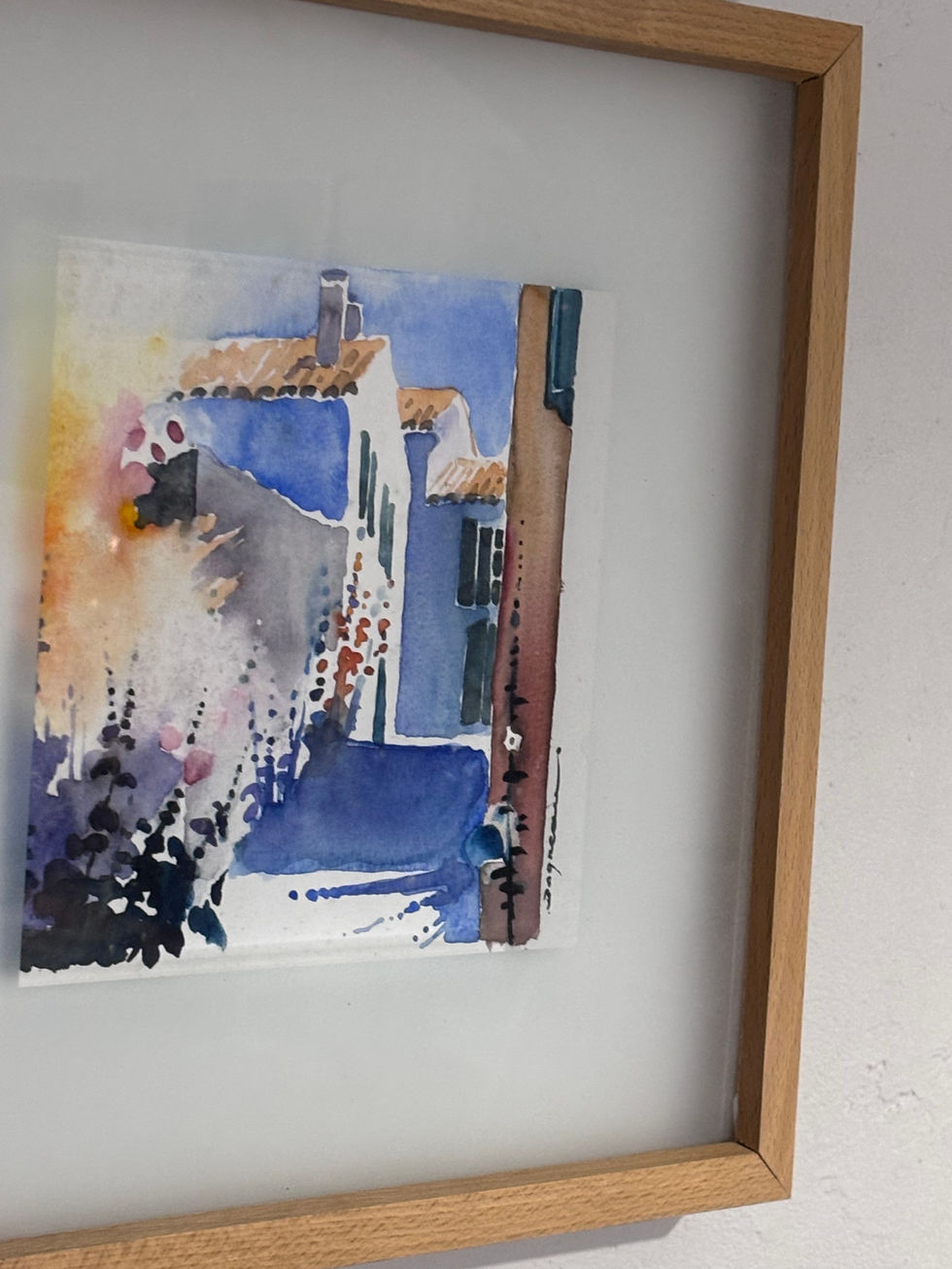 Aquarelle originale Jean-Guy Dagneau – Ruelle ensoleillée, cadre 32x32 cm