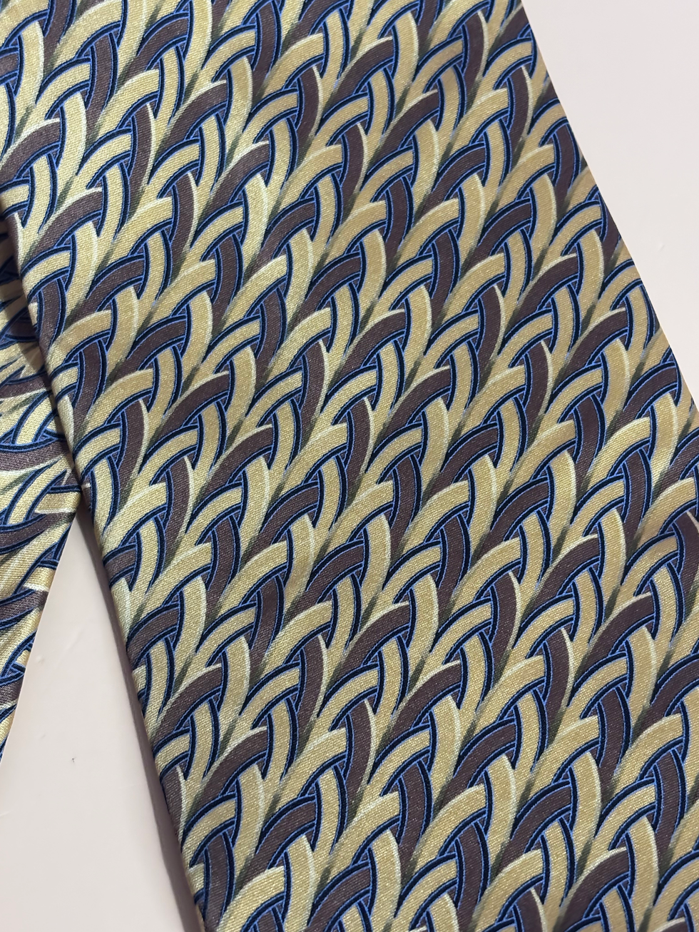 Cravate Lanvin Paris vintage 100% soie motif géométrique or et marine