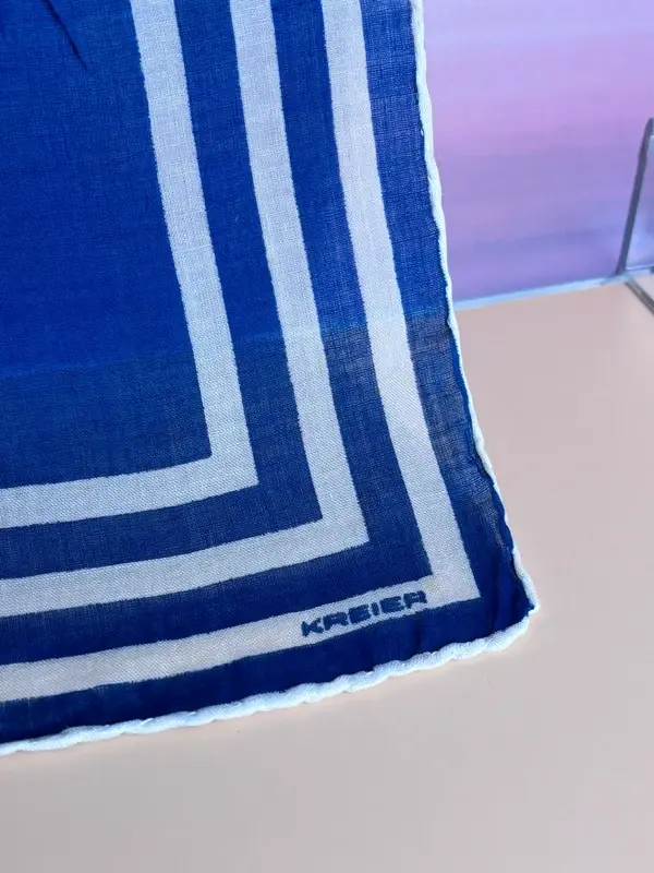 Foulard carré KREIER vintage bleu vert blanc géométrique 32 cm
