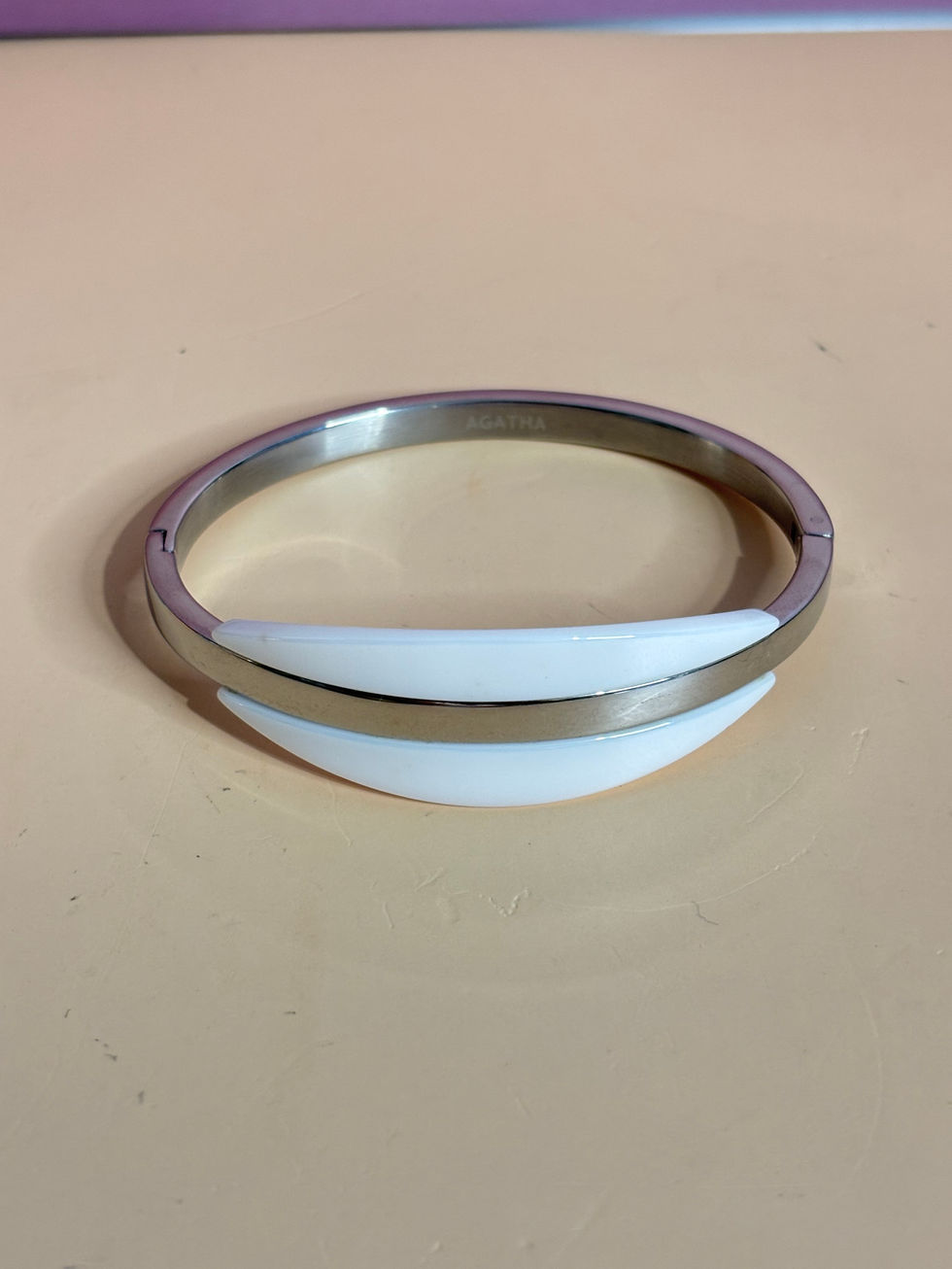 Bracelet jonc Agatha Paris rigide argenté & céramique blanche