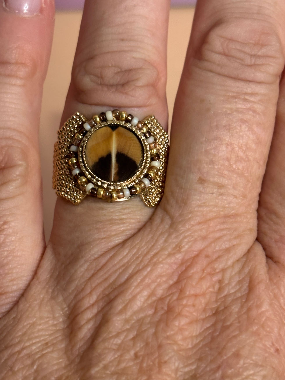 Bague Satellite ajustable dorée or fin 14 carats – Plumes marron & beige