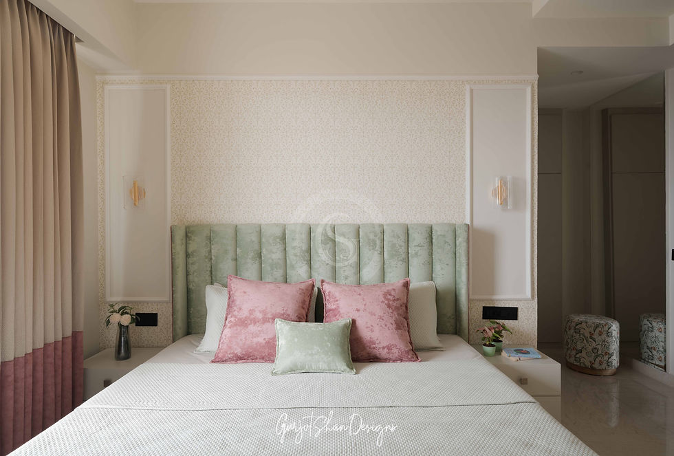 pastel green bedroom interior with floral wallpaper