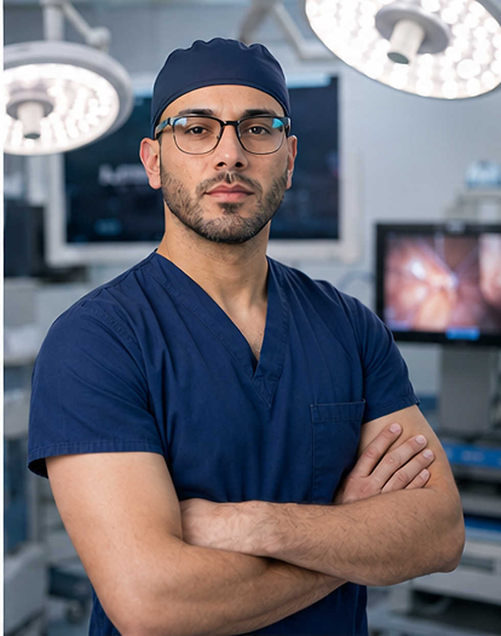 Dr. David Álvarez, cirujano general, en quirófano durante un procedimiento.