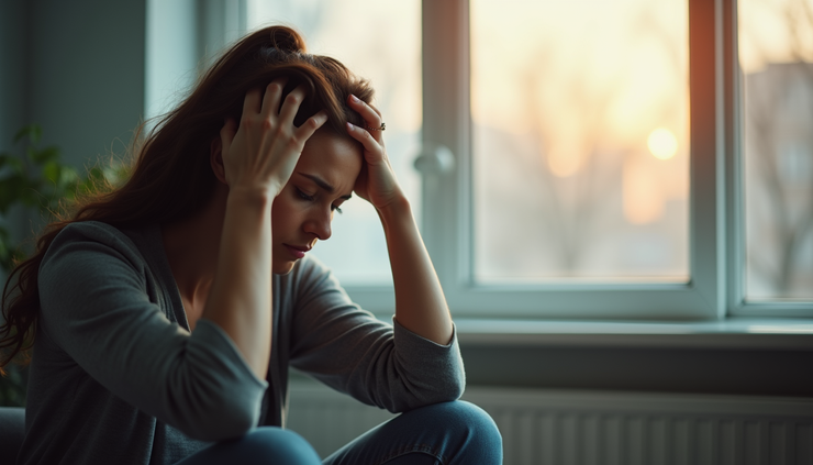 Close-up view of a person holding their head in pain, sitting near a window with soft daylight