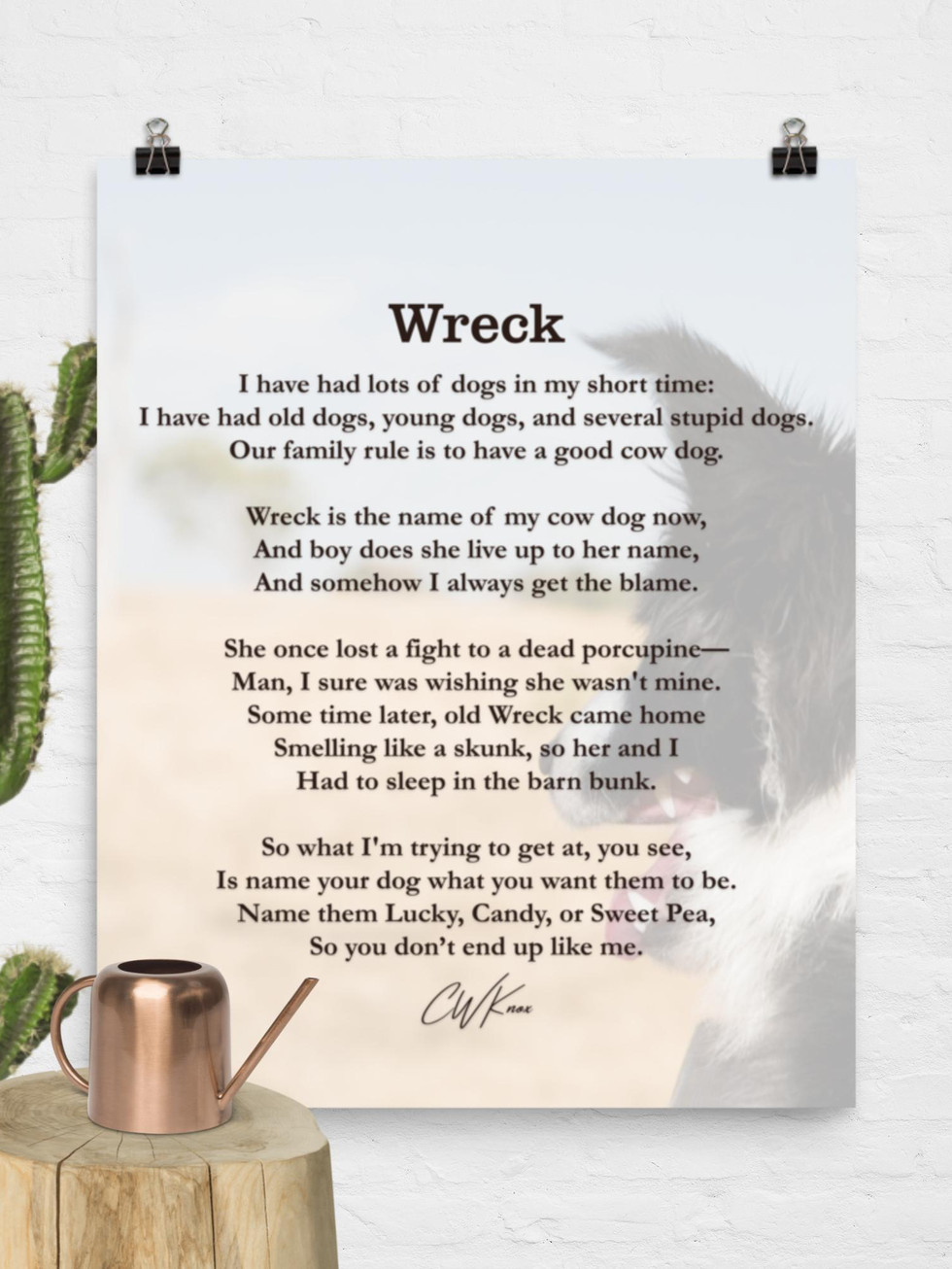 Washed & Western print, "Wreck," featuring a humorous poem and a cow dog.