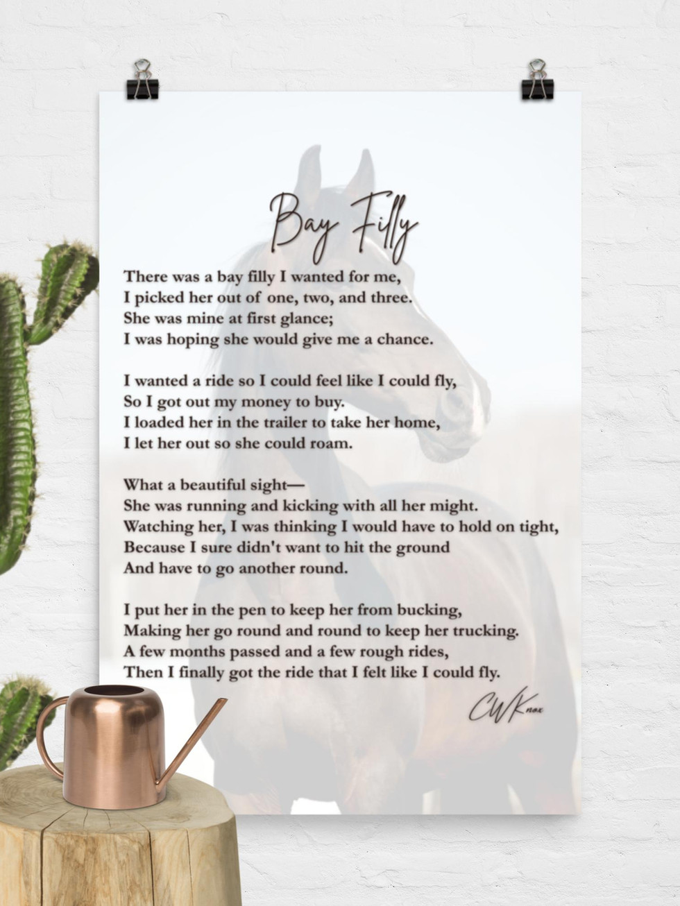 Washed & Western print, "Bay Filly," featuring a poem and a horse silhouette.