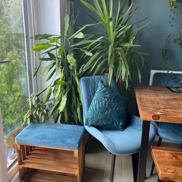 Rustic wooden crate bench with cushion used in a living room.
