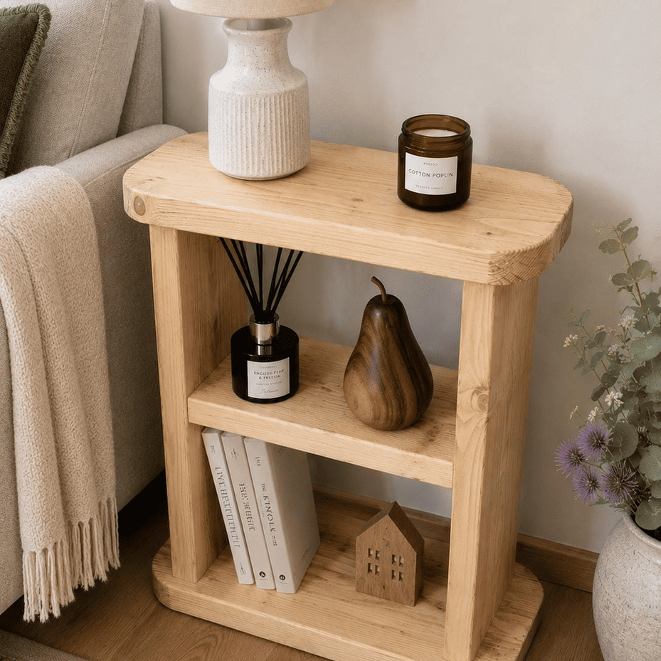 Handmade slim side table in Dark Oak wax finish beside grey sofa