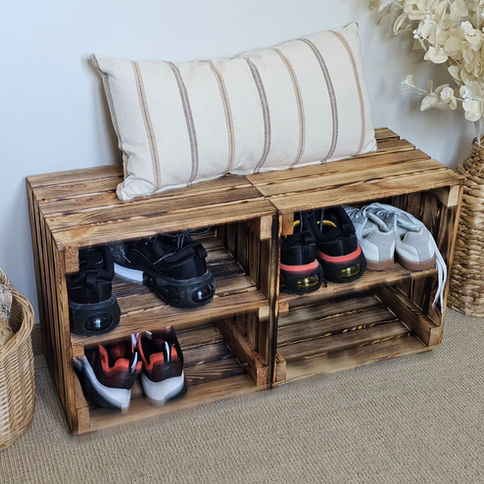 Burnt effect wooden shoe rack bench