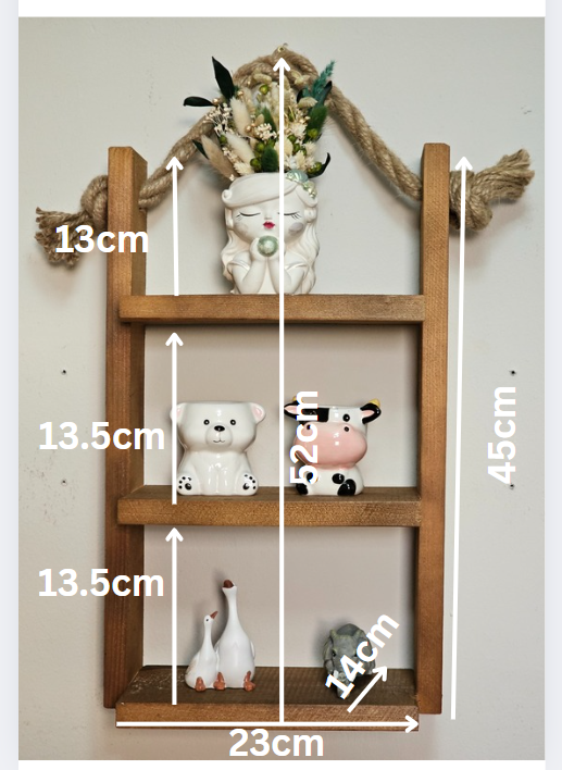 Handmade rustic wooden hanging shelf with three tiers and natural jute rope, ideal for boho and farmhouse wall décor.