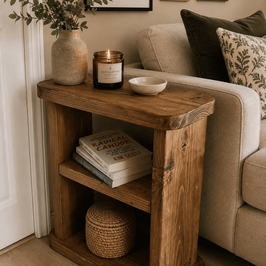 Slim rustic bedside table with handcrafted finish