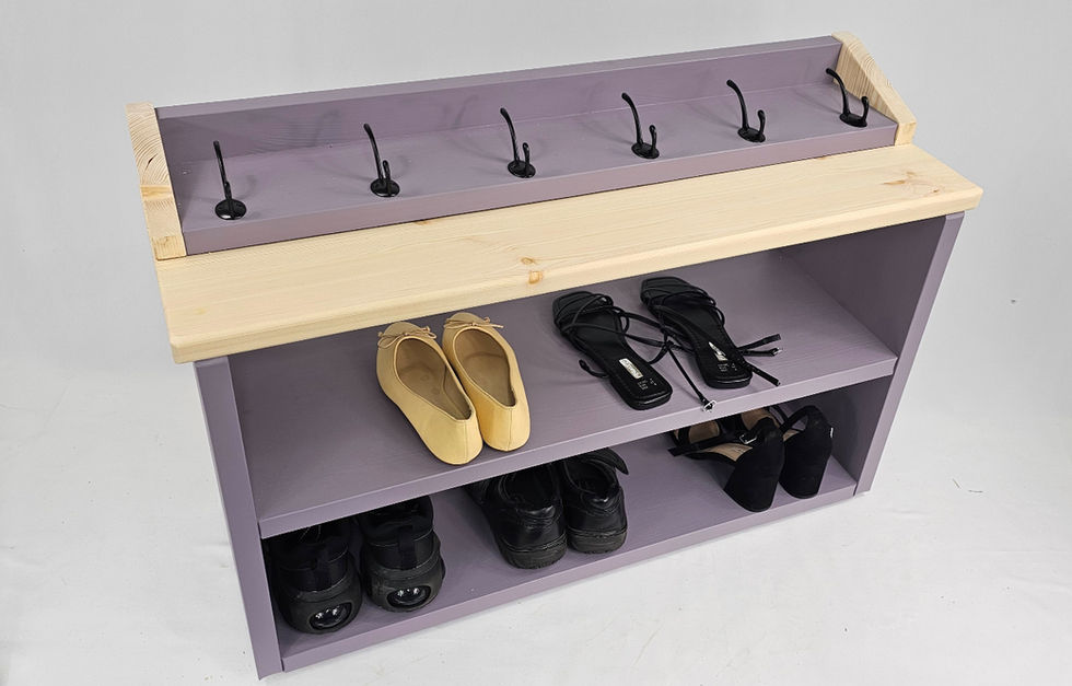 Solid wood hallway shoe storage bench with purple frame.