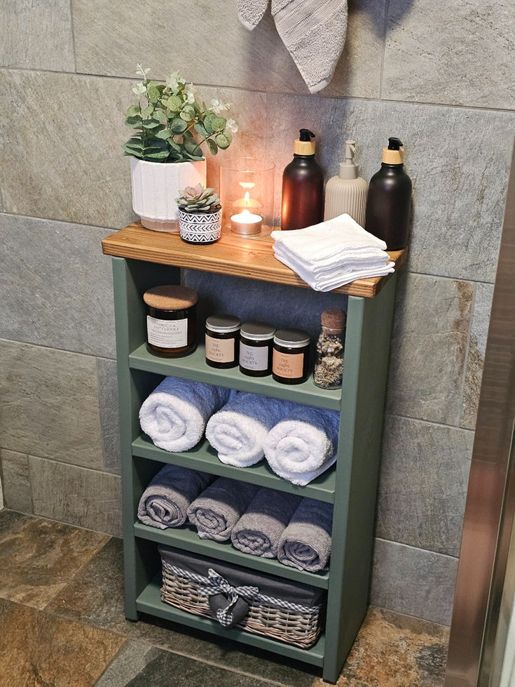 Handmade solid wood cabinet shelf storage unit in bathroom