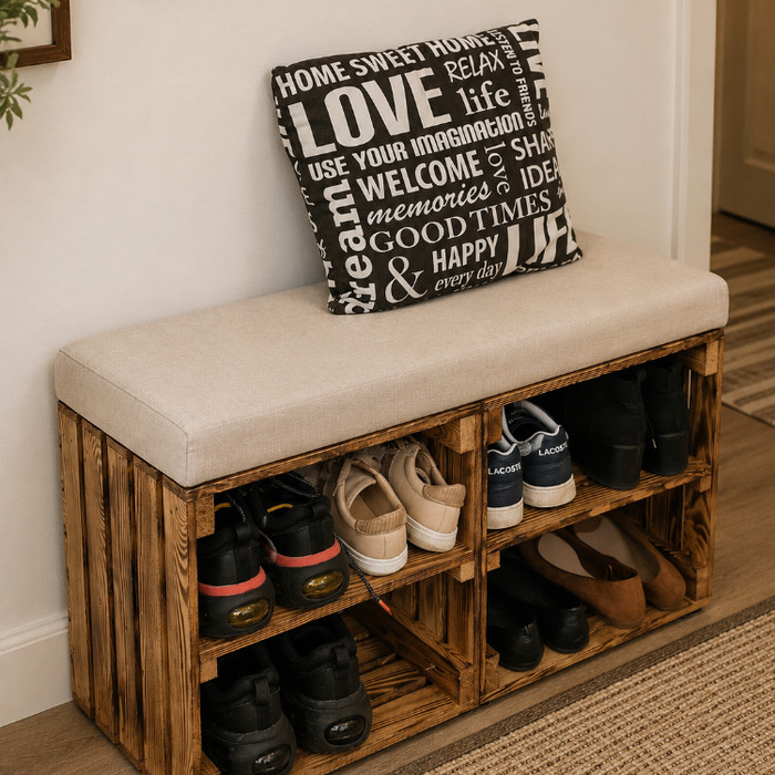 Rustic wooden hallway bench with shoe storage shelves