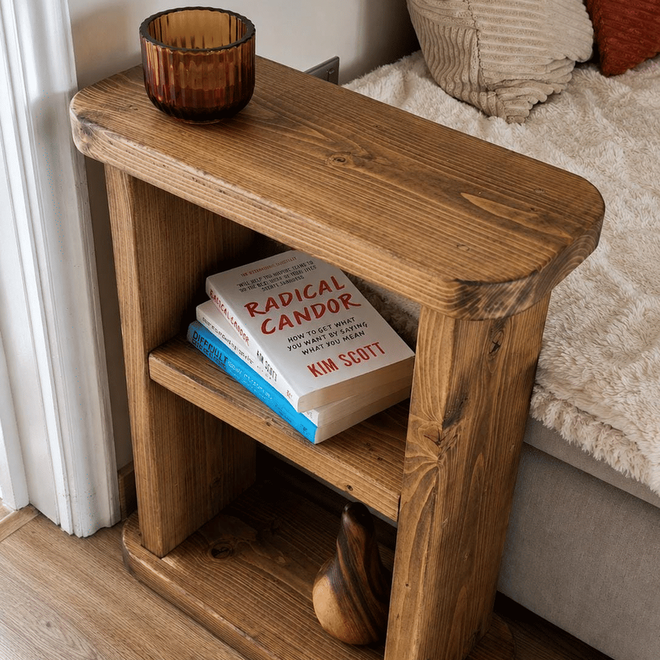 Narrow solid wood side table handcrafted from Scandinavian Redwood