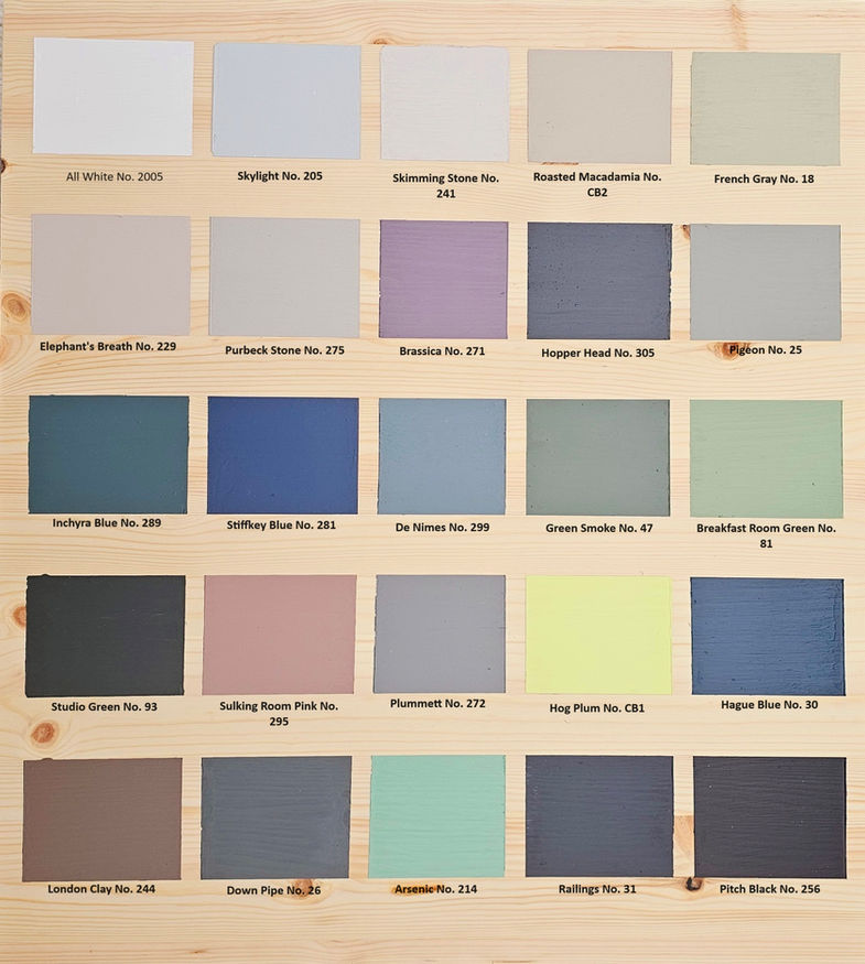 Colour options chart for slim solid wood side table with painted bases