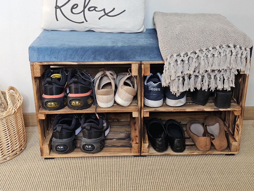 Solid pine storage crate with shelf and blue velvet seat.
