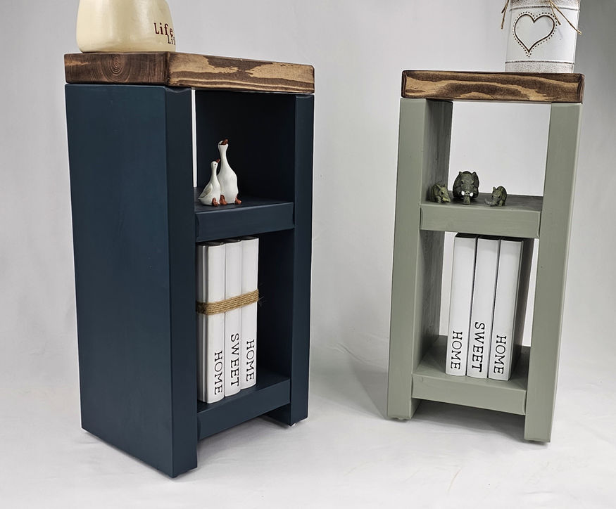 Slim solid wood side table with internal shelf storage