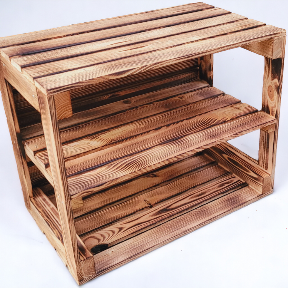Rustic wooden crate used as shoe storage