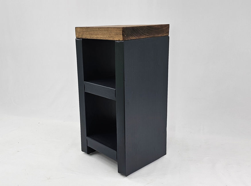 wooden side table 50cm high with a dark oak top and black base