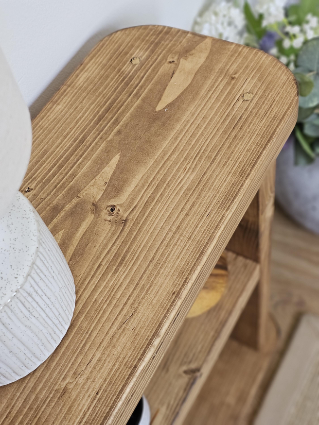 Rustic Scandinavian Redwood side table in bedroom