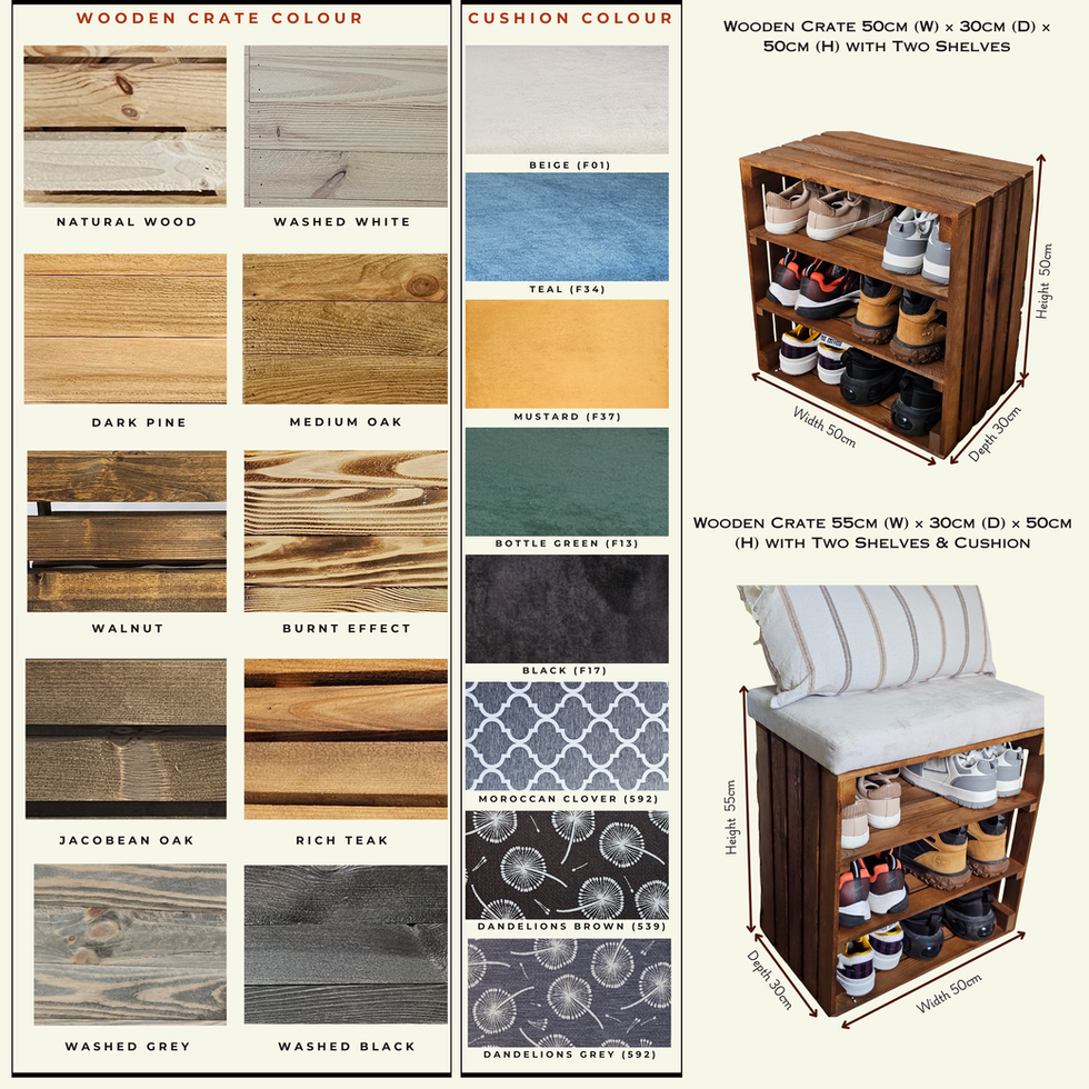 Colour chart and size guide for Wooden crate unit with cushion seating option
